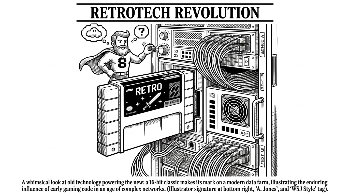 A classic handheld game cartridge plugged directly into a complex, modern server rack with glowing fiber optic cables, representing the injection of modern architecture into a legacy game format.