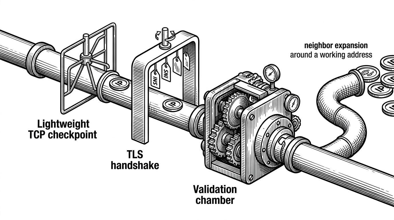 A close-up black-ink scene shows a single IP token moving through three gates in sequence. The first gate is a light TCP checkpoint, the second gate is a TLS handshake arch, and the third is a heavy Xray chamber. A side path bends toward nearby tokens to show neighbor expansion around a successful hit. The image explains the staged probing strategy and why the scanner broadens around wins.