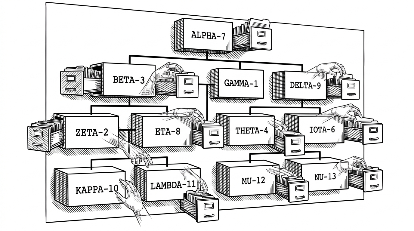 A vintage organizational chart where boxes are labeled with code keys, and mechanical hands move files into separate sidecar filing cabinets.