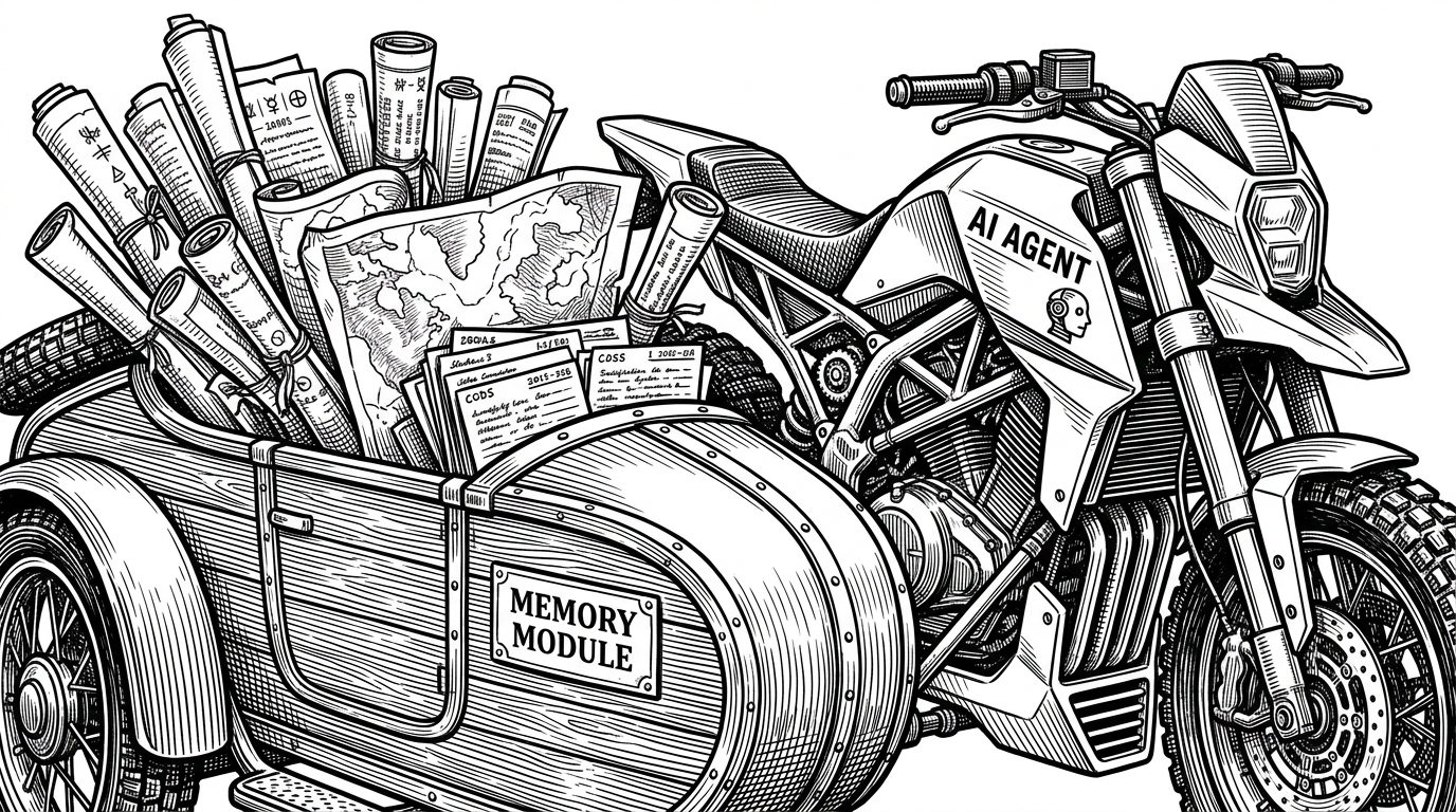 A high-tech motorcycle with a vintage wood-paneled sidecar overflowing with scrolls and maps.