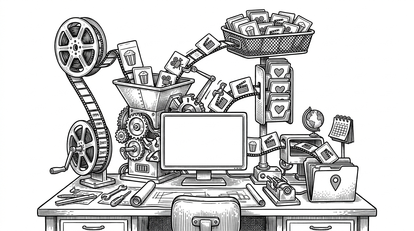 A wide black-ink editorial scene shows a smartphone on a tidy engineer's workbench. Film cards flow into a compact sorter that splits them into distinct trays, hinting at browse, favorites, and localized presentation. The image explains that the app's value is in the quality of its data flow, not in flashy screens.