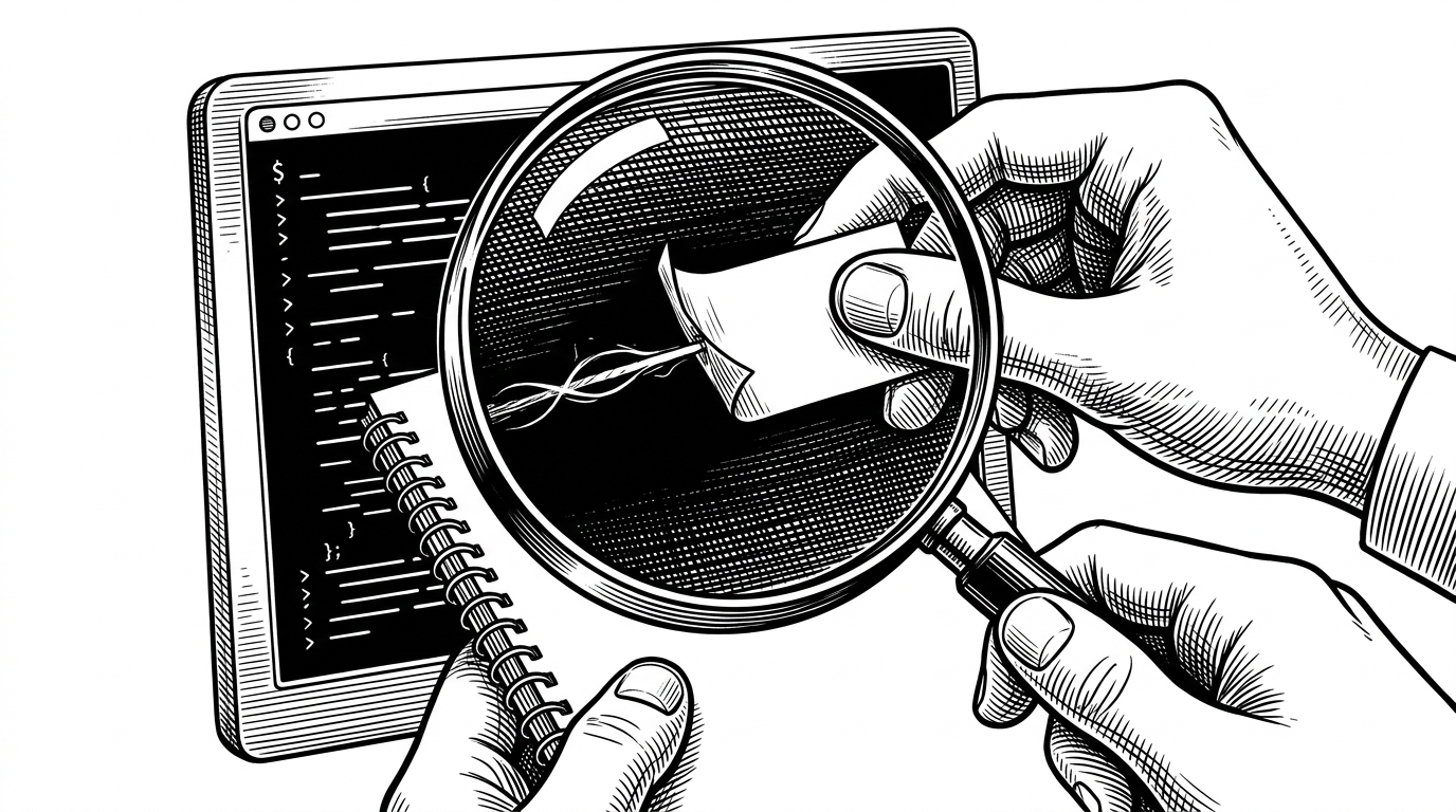 A close-up black-ink scene shows a terminal screen and a notebook under a magnifying glass. One exposed credential is treated like a bright, fragile thread that needs to be covered before it leaks further. The image explains the repo's clearest production risk: secret handling is acknowledged, but not yet removed from source control.