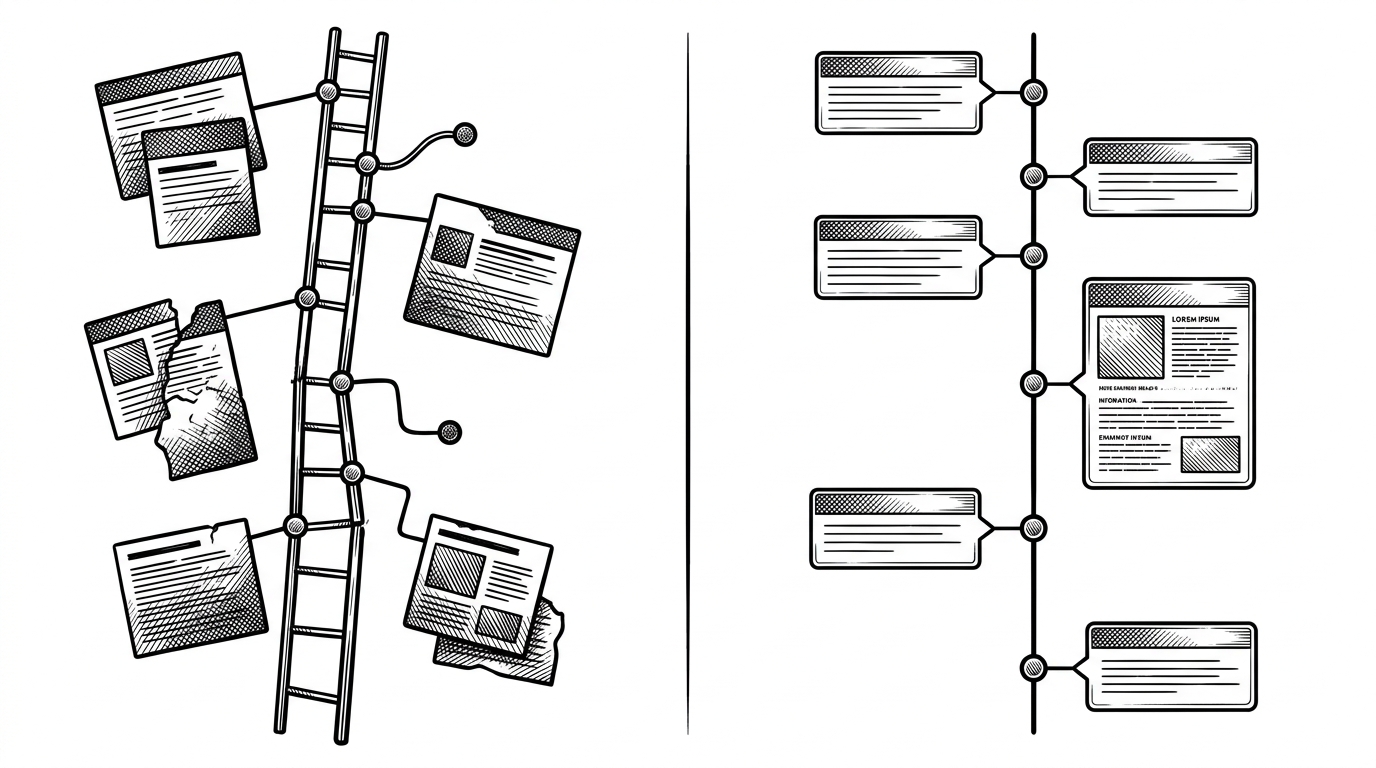 A wide editorial scene shows two vertical workflow timelines side by side. The left rail is crooked and uneven, while the right rail is tightly aligned with one expanded card holding details. It explains how small layout choices turn a fragile progress UI into something trustworthy.