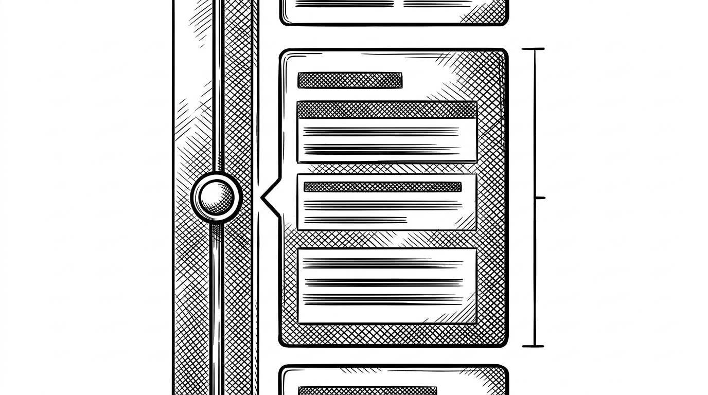 A close-up editorial illustration of one timeline row. The left rail, node, and vertical connector are shown beside a content card that grows taller with extra text. A measuring bracket spans the full row height to explain how the layout stays aligned as the card expands.