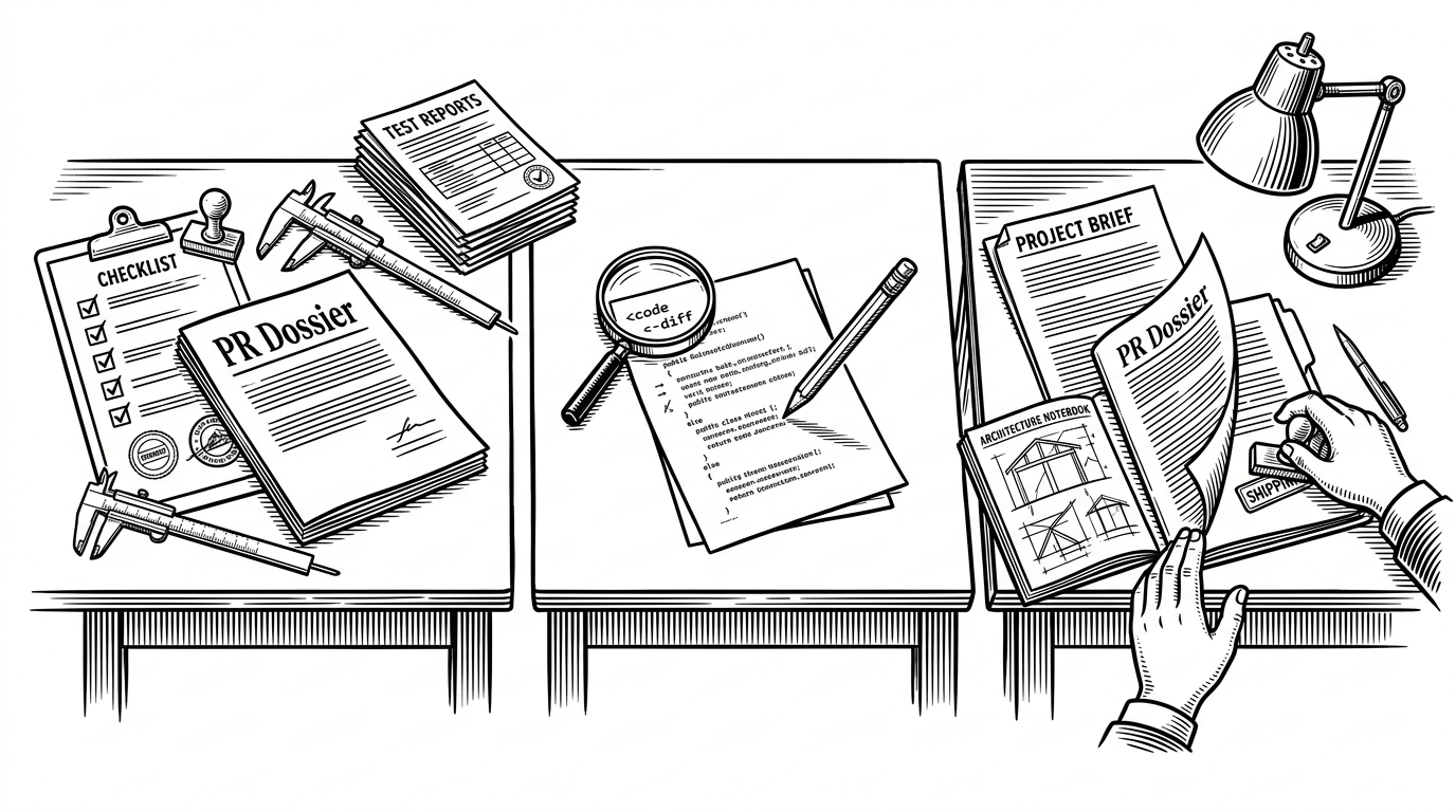 A manuscript-like PR dossier moves across three editorial desks, each station marked by a different kind of approval. The scene shows that Forge treats shipping code as a sequence of judgments, not a single automated pass or fail.