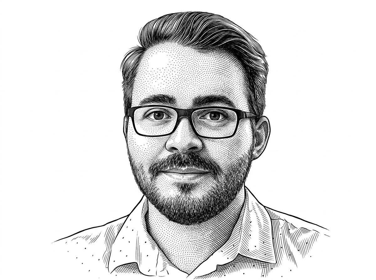 A hedcut-style portrait of MatthiasMRC rendered in black ink on pure white. It frames the project as the work of a builder who thinks in systems and workflow rules rather than a glossy product team.