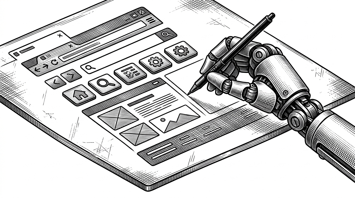 A microscopic view showing a robotic arm with a fine-tipped pen drawing precise UI elements onto a smooth sheet of glass, contrasting with woven threads of traditional HTML.