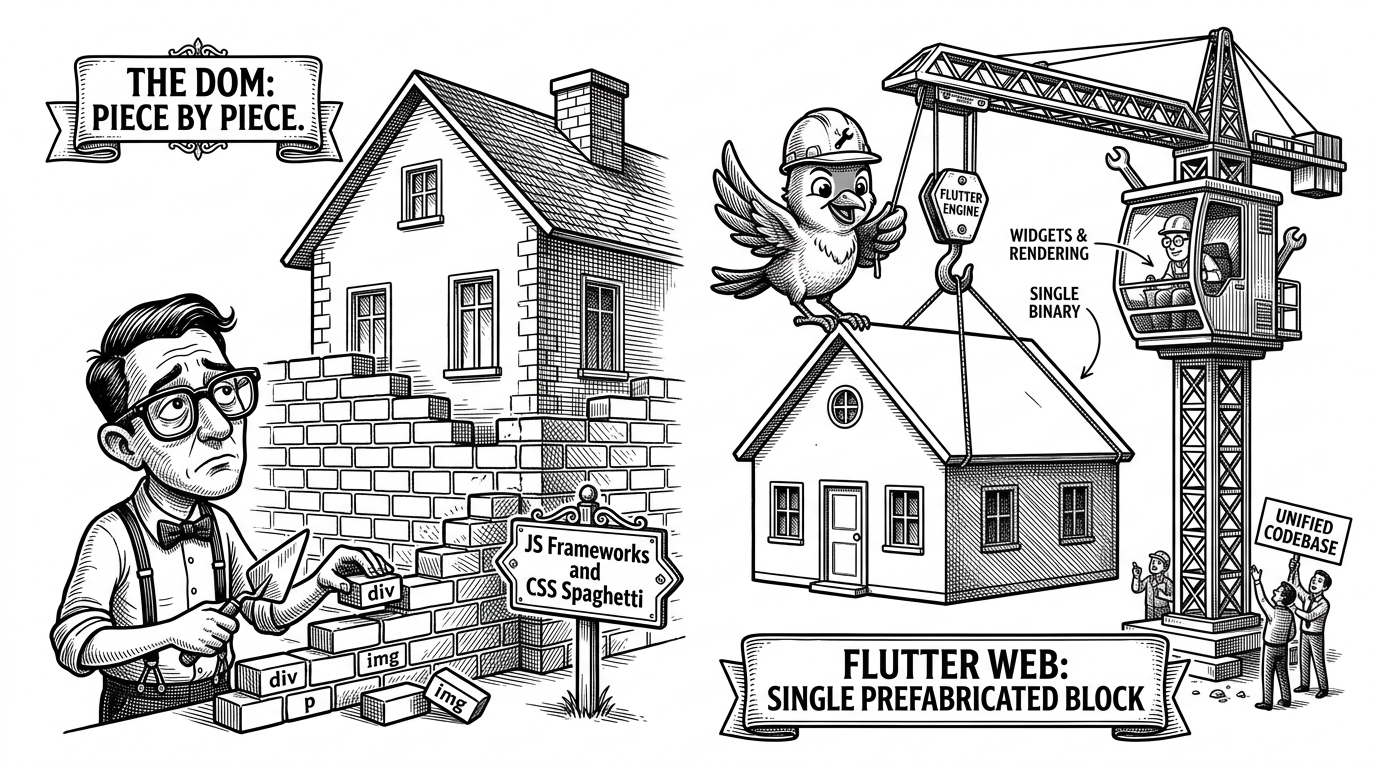 A split composition showing a house built brick by brick with visible mortar on the left, and an identical house lowered by a crane as a single prefabricated concrete block on the right.