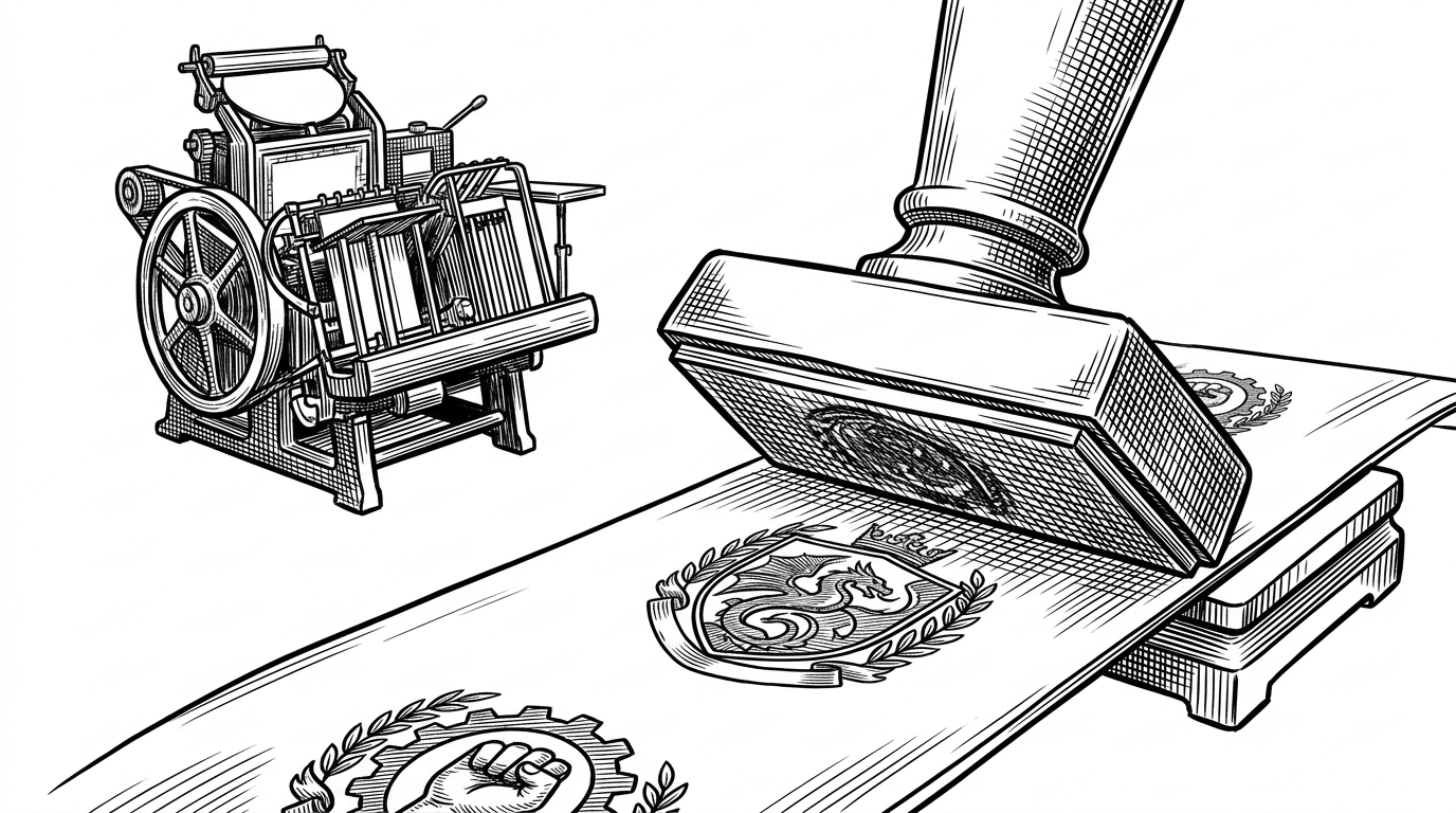 A traditional printing press sits idle while a massive mechanical stamp presses a detailed crest onto a seamless sheet of glass. This represents the shift from piecemeal DOM rendering to Flutter's all-at-once Canvas rendering.