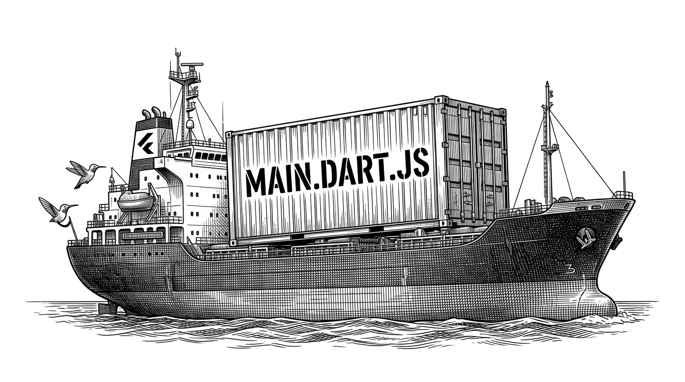 A massive industrial cargo ship sitting very low in the water, weighed down by a single oversized steel shipping container labeled main.dart.js.
