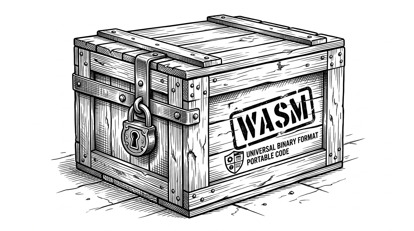 A heavily secured wooden shipping crate stamped with WASM, representing the compiled, black-box nature of Flutter Web builds.