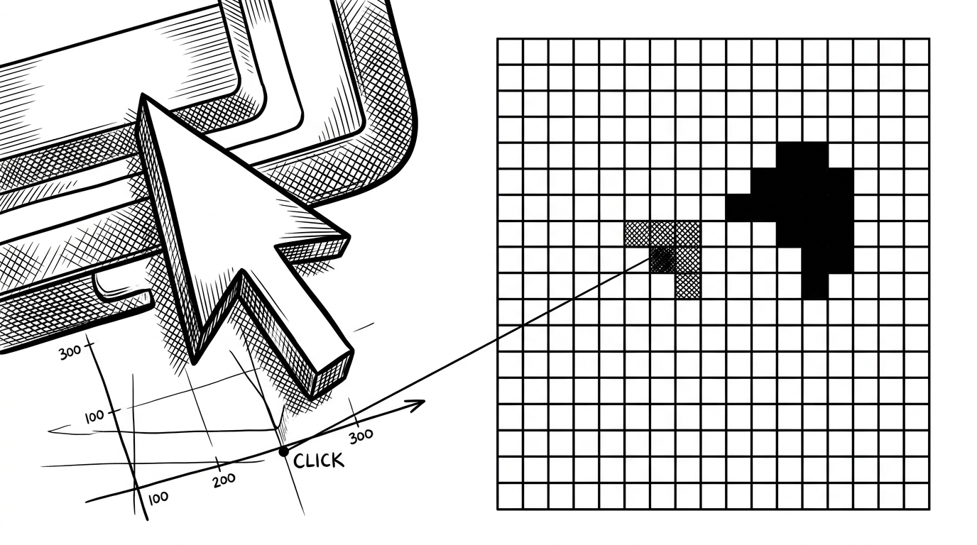 A close-up shows a large cursor click on one side and a tiny pixel grid on the other, linked by a clean mapping line. The scene also shows a small flood-fill region and a cluster of filled pixels, explaining how Piczy converts screen-space input into exact grid-space edits.