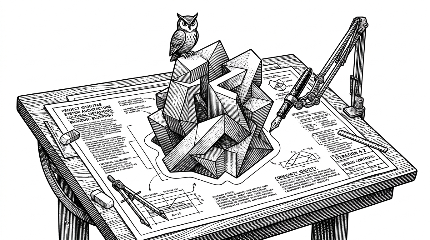 A mechanical arm holding a fountain pen drawing a precise contour line around a geometric object on a blueprint, illustrating the combination of text and spatial reasoning.