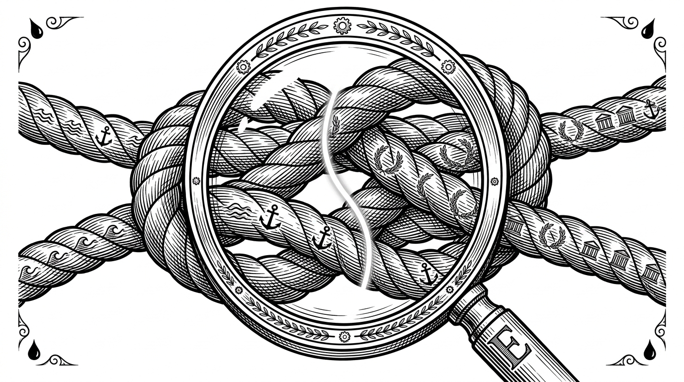 A magnifying glass focused on two heavily textured ropes knotted together, with a sharp white line perfectly dividing them at the intersection to illustrate the overlap loss function.