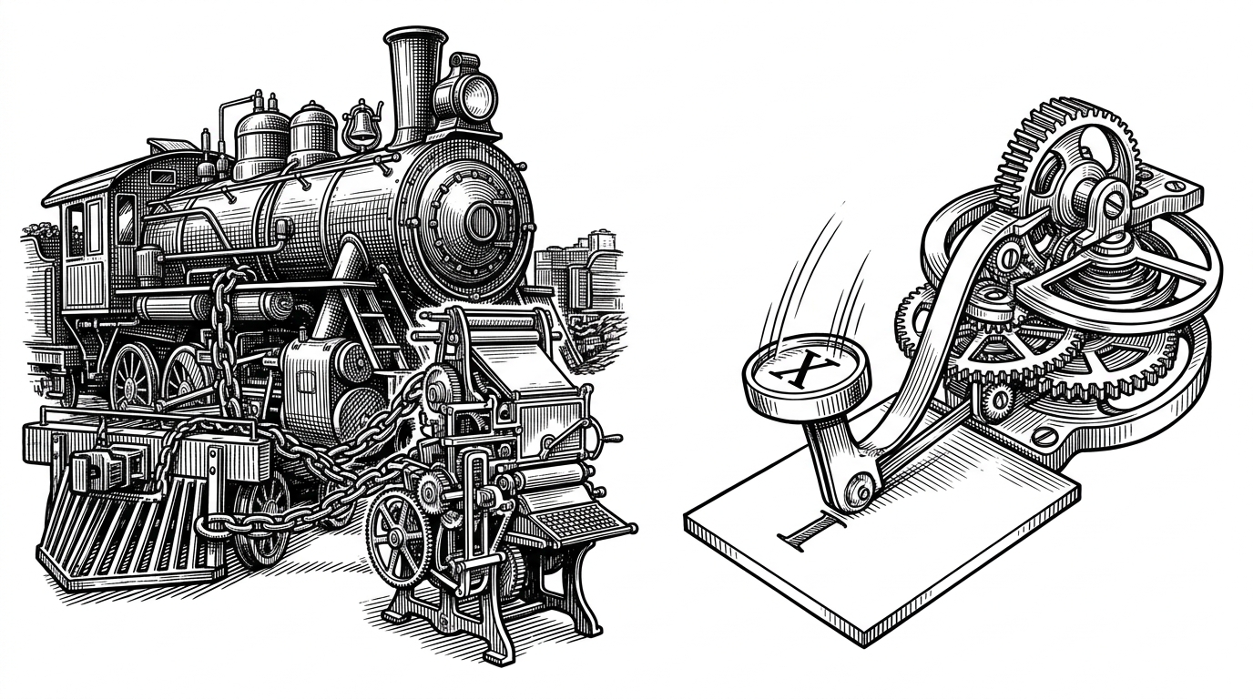 A split composition contrasting a heavy steam locomotive chained to a printing press on the left, with a sleek clockwork mechanism driving a typewriter key on the right.