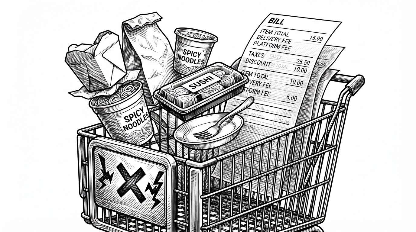 A close-up checkout scene shows two different restaurant orders trying to enter the same cart and being blocked by a warning gate. Behind the gate, a transparent receipt splits into item total, delivery fee, platform fee, taxes, and discount, making the bill logic feel explicit instead of hidden.