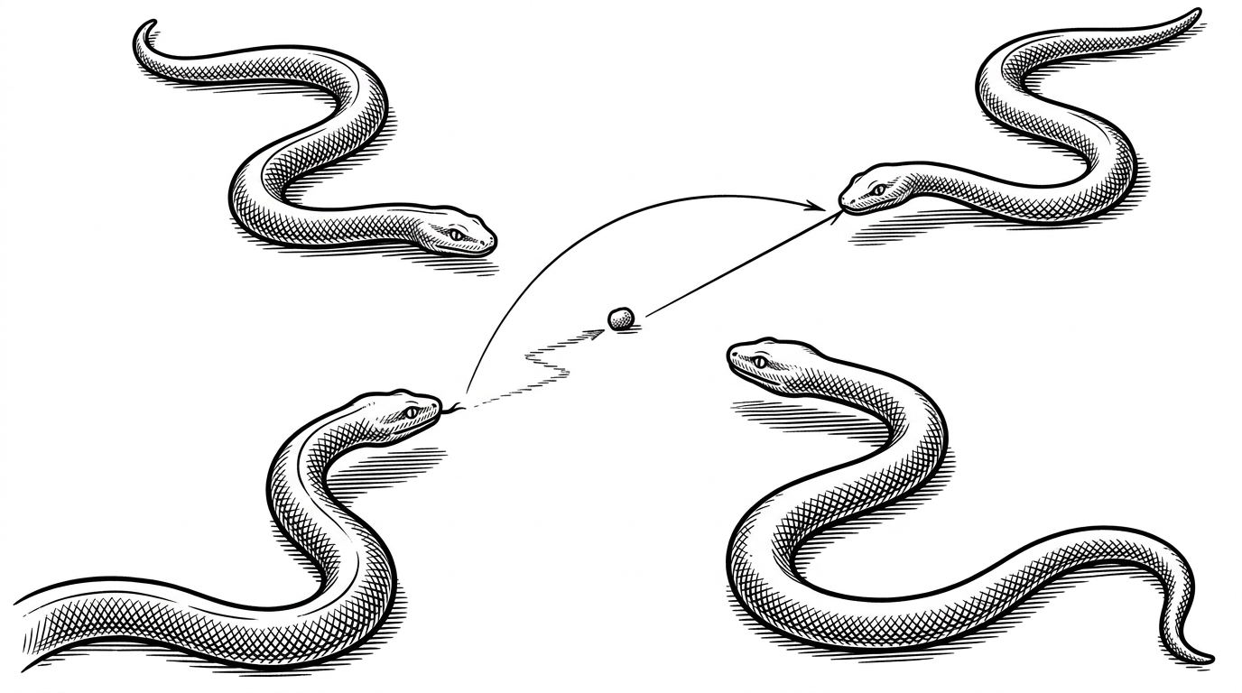 A small food pellet darts through a white arena while several snakes curve toward where it will be next, not where it is now. The scene explains the game’s core inversion: the player survives by staying ahead of a threat that predicts movement.