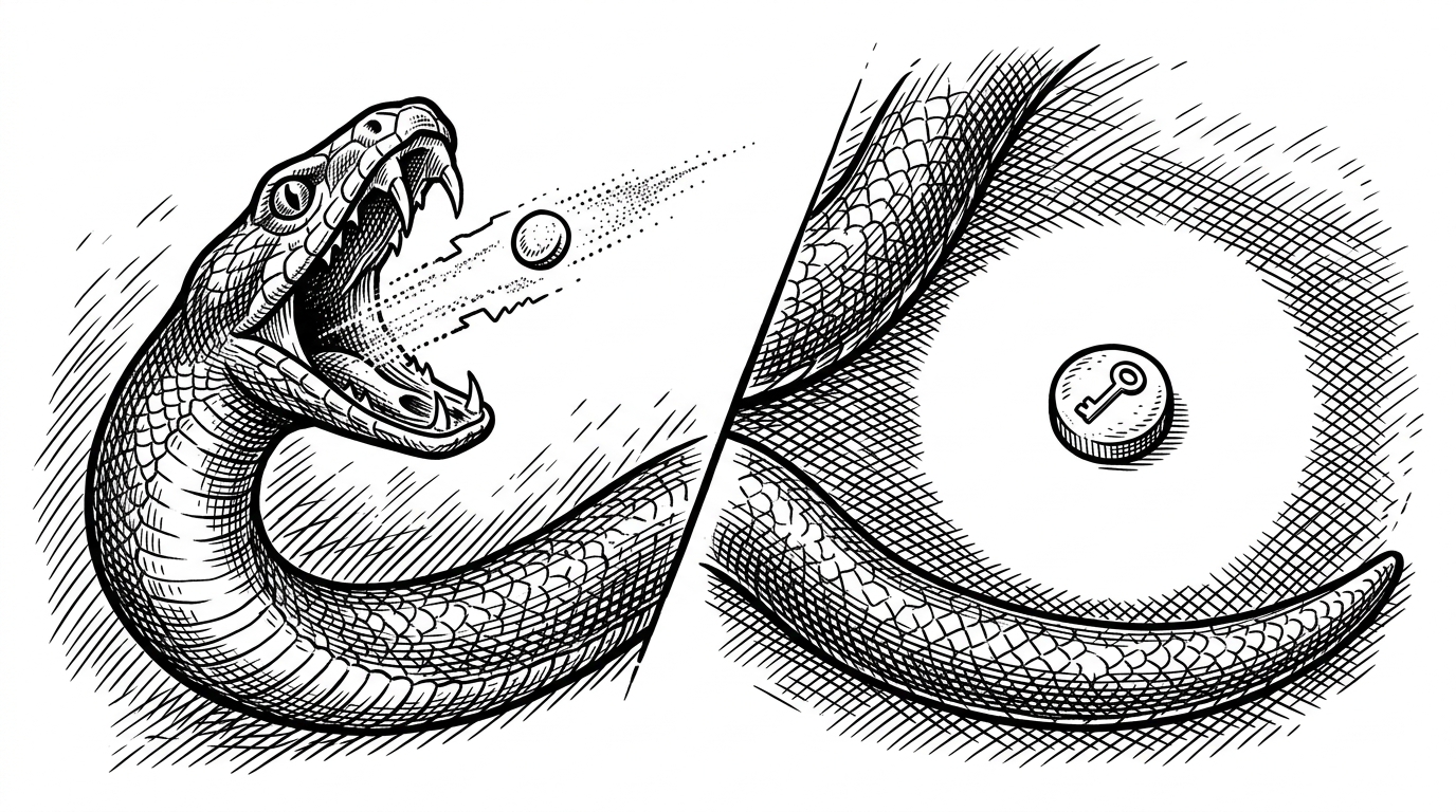A close-up shows one food particle blinking away from a snake’s mouth, while the same teleport resource also resets the player after death. The image explains the dual-use mechanic that turns escape and revive into one shared system.