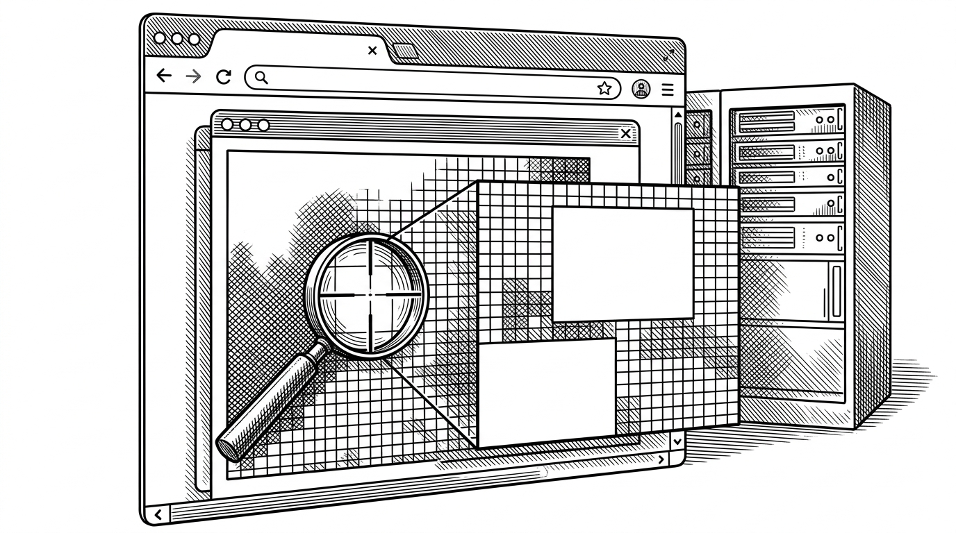 A close-up editorial scene shows a browser window breaking an image into pixels while a local analysis layer flags blank regions before upload. The server sits farther back and untouched, which explains how the app rejects bad files in the browser first.