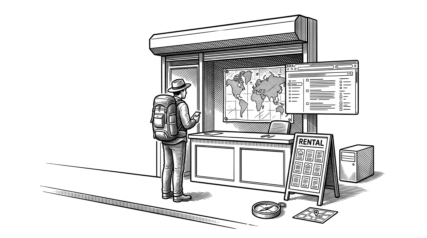 A wide editorial scene shows a traveler at a modest rental storefront, with a pinned map behind the counter and browser windows hovering nearby like tools. The image explains that the project combines booking, discovery, and lean infrastructure choices into one product.