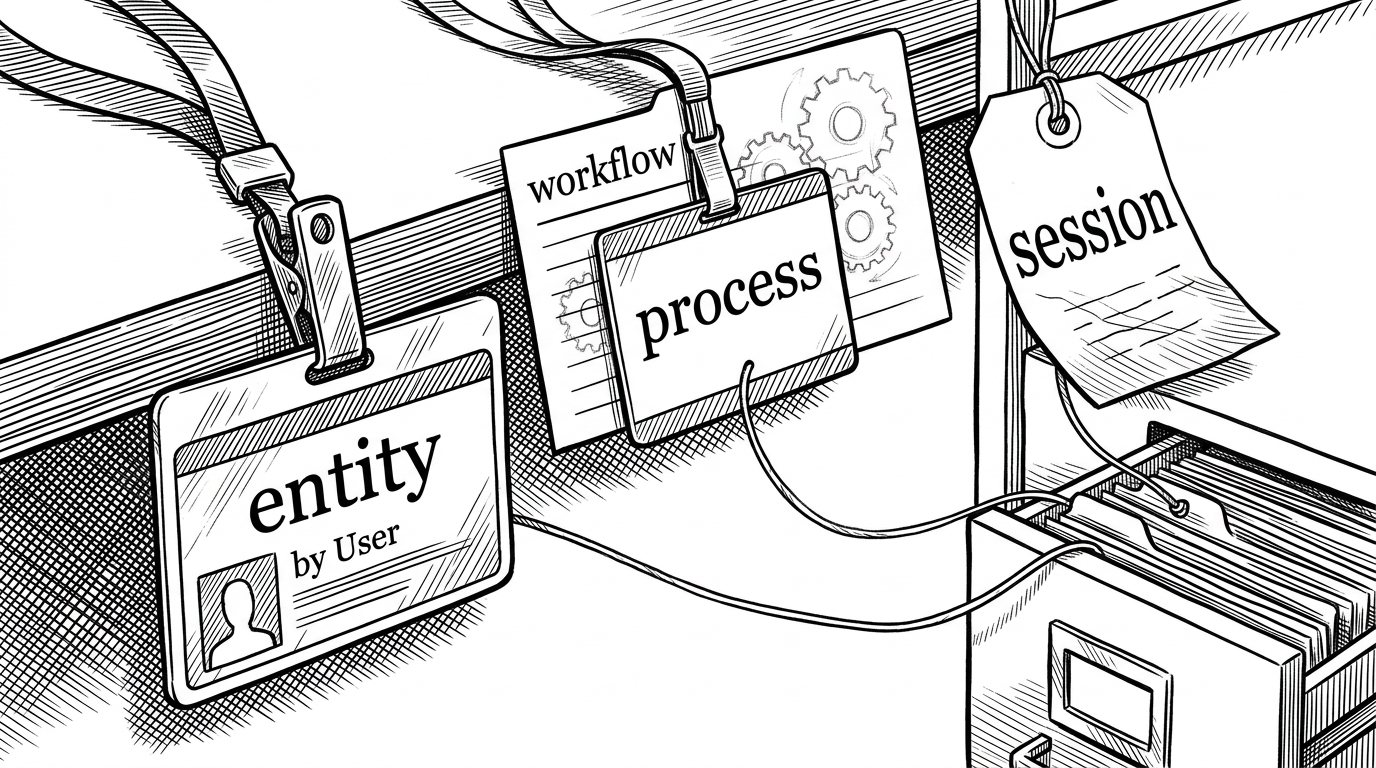 Three identity badges sit on a desk, labeled entity, process, and session. Each badge is tied by a separate thread to a different drawer in a filing cabinet. The image explains that Memori keeps user identity, workflow identity, and temporary session state apart.