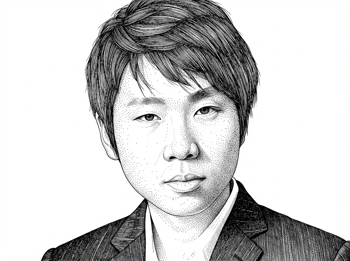 A black ink hedcut portrait of Meng To on a pure white background, based on his verified GitHub avatar. The portrait identifies the creator behind the open-core system and anchors the article in a real maintainer rather than an abstract project brand.