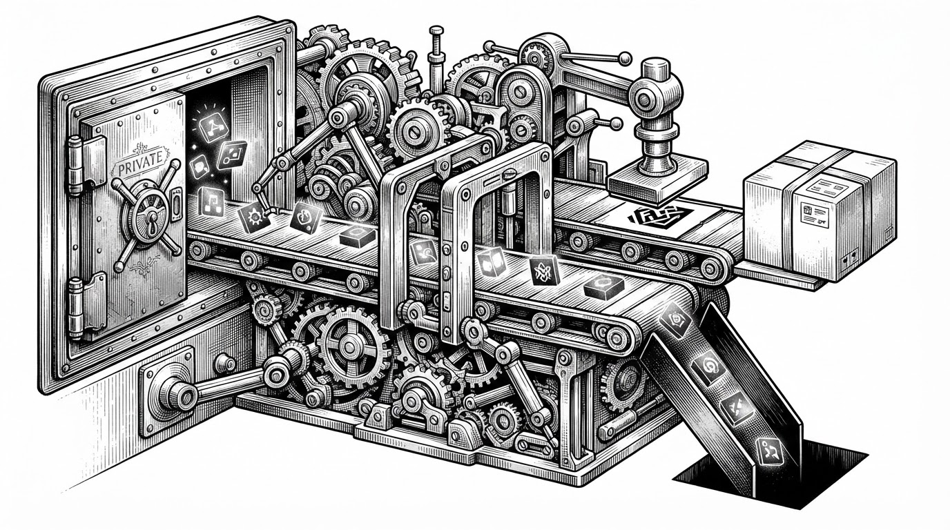 A close-up mechanical sorting machine sends component files from a locked private vault to a public shelf. Some items are diverted into a discard channel while a manifest stamp lands at the end. The scene explains how the community repo is derived from a private source of truth without leaking premium assets.