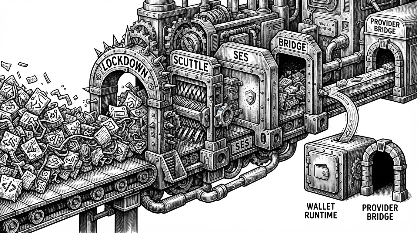 A close-up filtration line shows raw JavaScript packages moving through gates labeled lockdown, scuttle, SES, and bridge. Only one narrow stream reaches the wallet runtime and provider bridge. The image explains how MetaMask Desktop narrows its runtime before code can execute.