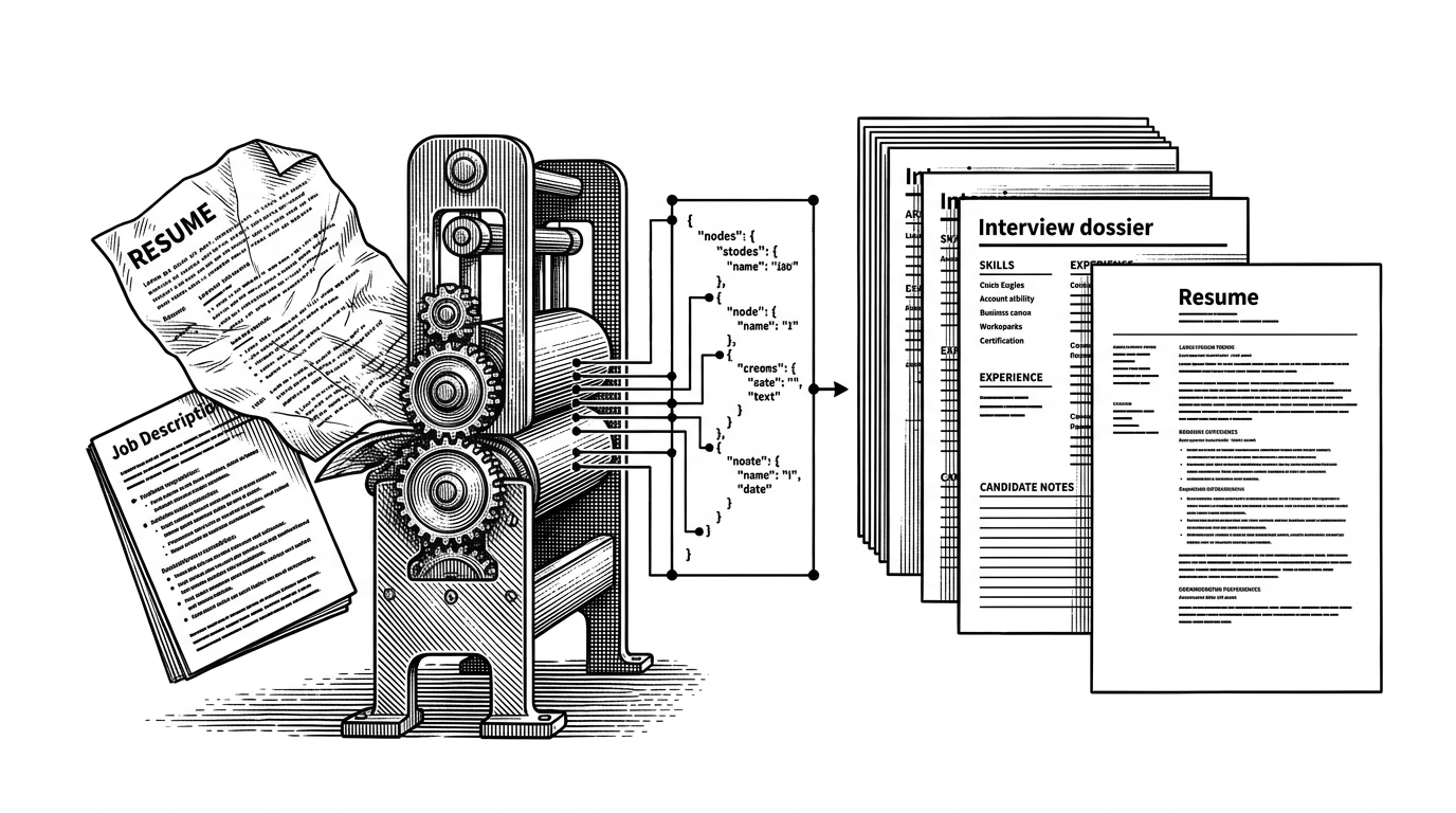 A resume sheet and job description moving through a mechanical press, then emerging as a structured interview dossier and a polished resume PDF. The scene explains how the app turns messy candidate input into deterministic outputs by forcing the model through a schema-shaped middle layer.