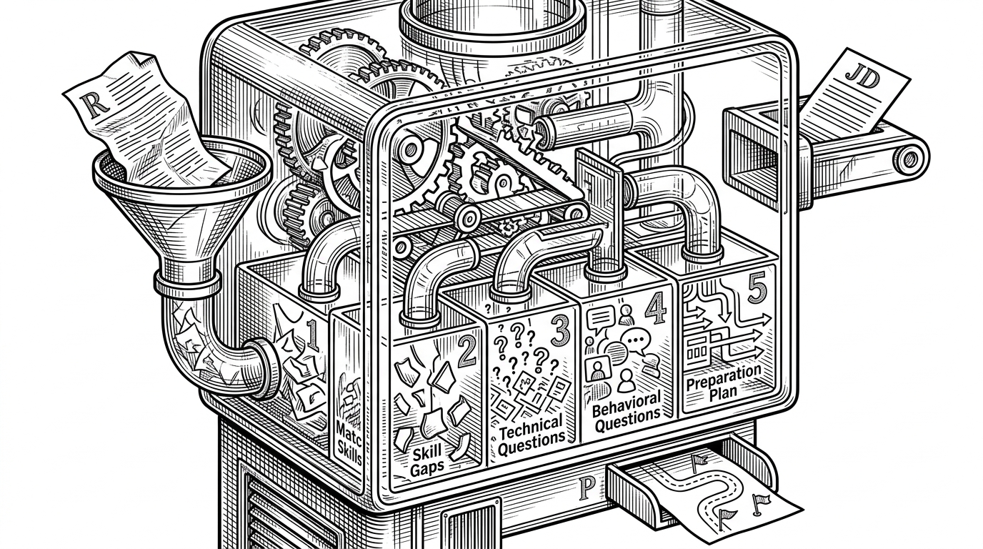 A close-up of a sorting machine that accepts a crumpled resume and a job description card, then separates skills, gaps, and questions into distinct trays. The image explains how the app extracts messy inputs and sorts them into clean structured outputs.