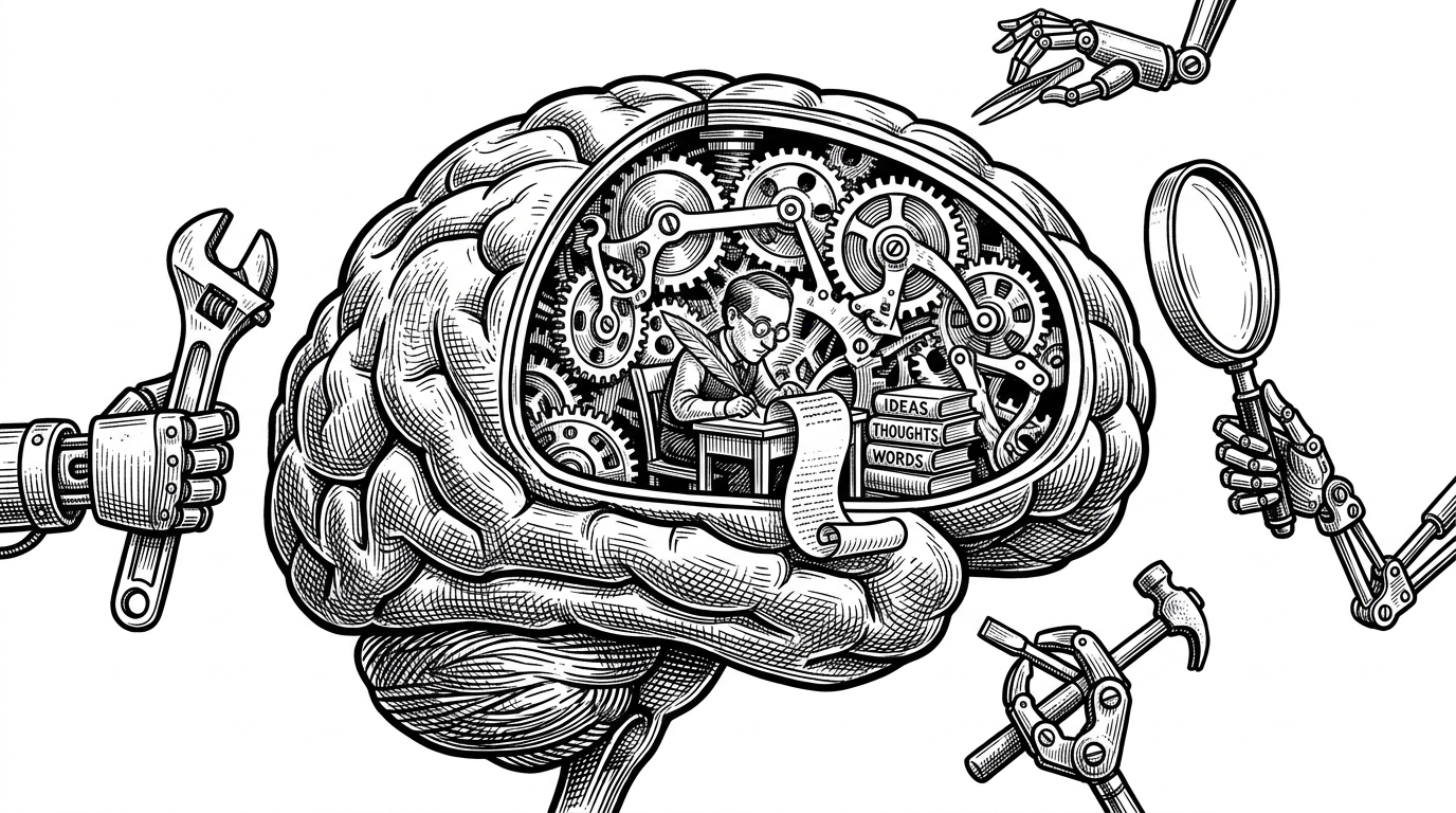 A cross-section of a mechanical brain showing a scribe writing on a scroll while mechanical hands wait outside, representing the interleaved thinking process of an AI agent.