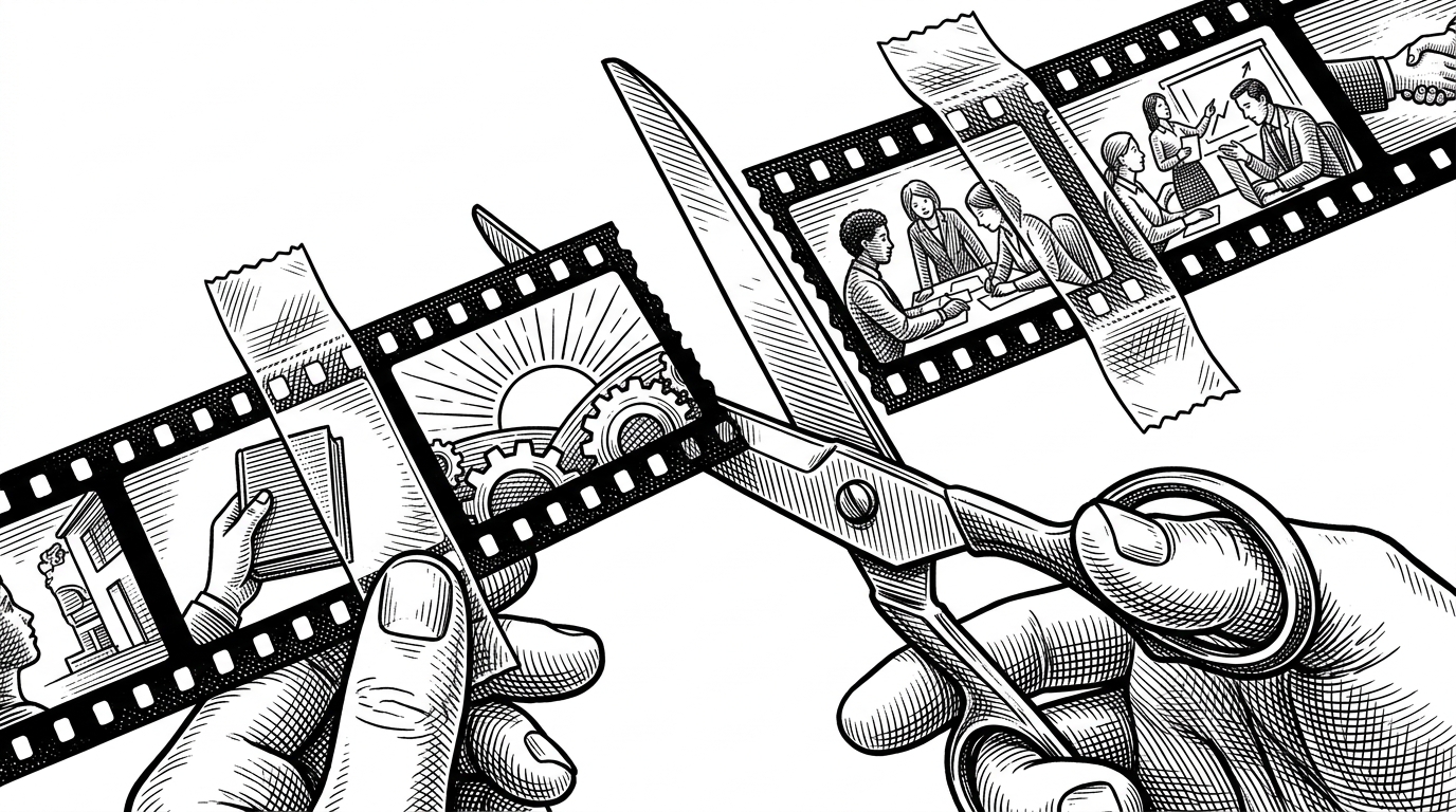 A close-up of a long strip of film being snipped in the middle with scissors, while the ends are taped together.