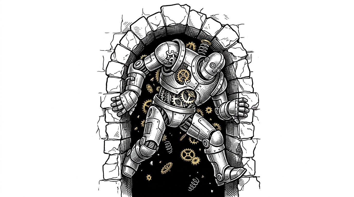A large clockwork golem being squeezed through a narrow stone archway, losing gears in the process, representing a large LLM being compressed by a provider.
