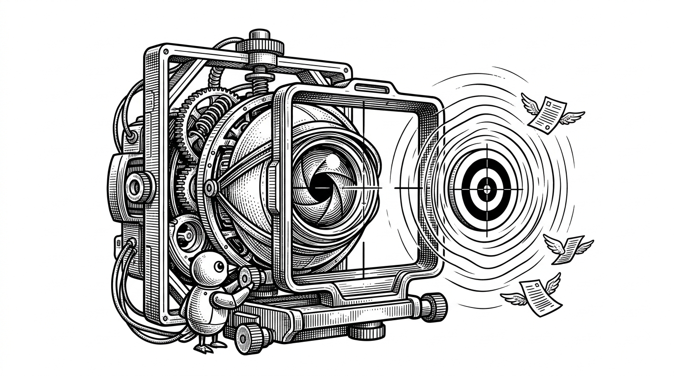 A mechanical eye looking through a viewfinder at a target, guided by concentric ripples rather than a binary pass/fail mechanism.
