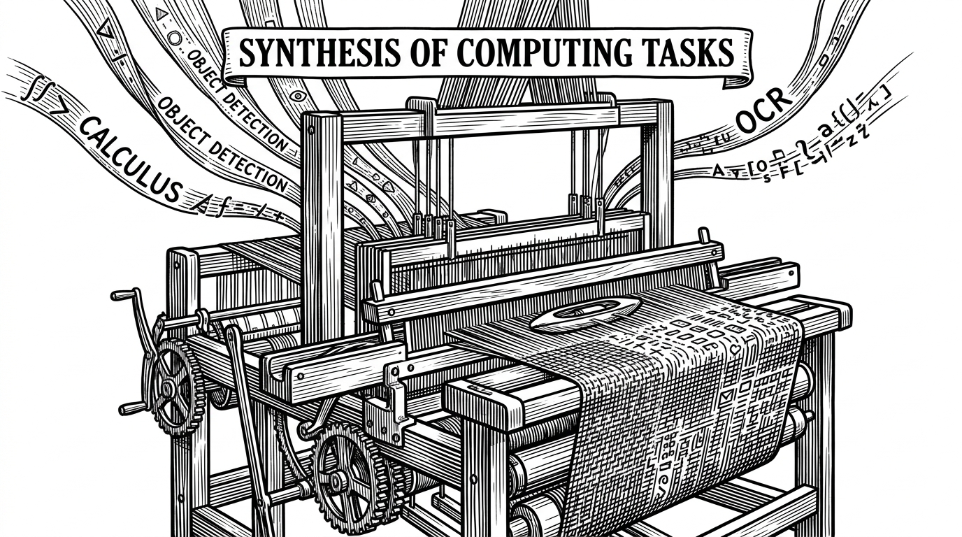 A vintage weaving loom weaving different threads labeled with tasks like 'Calculus' and 'Detection' into a single fabric.