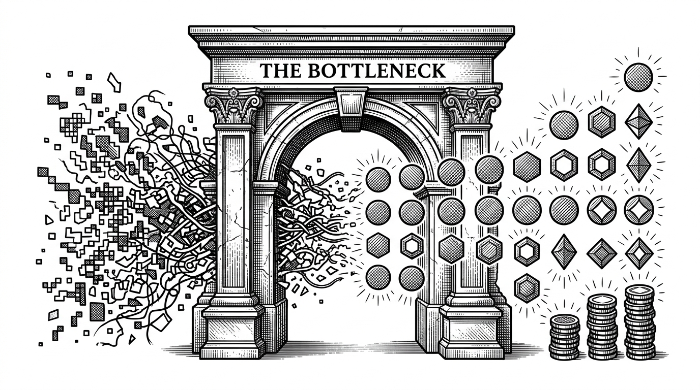 An illustration of a massive stone gateway filtering a chaotic storm of raw pixels into clean, glowing geometric tokens arranged in perfect rows.