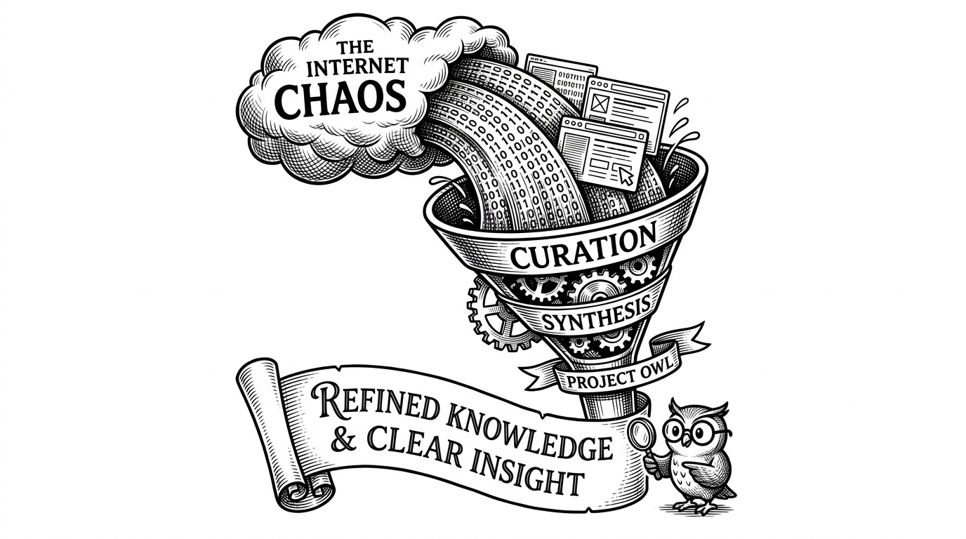 A massive, chaotic waterfall of binary code and messy UI elements pouring into a refined clockwork funnel, emerging as a single perfectly inscribed scroll of parchment.