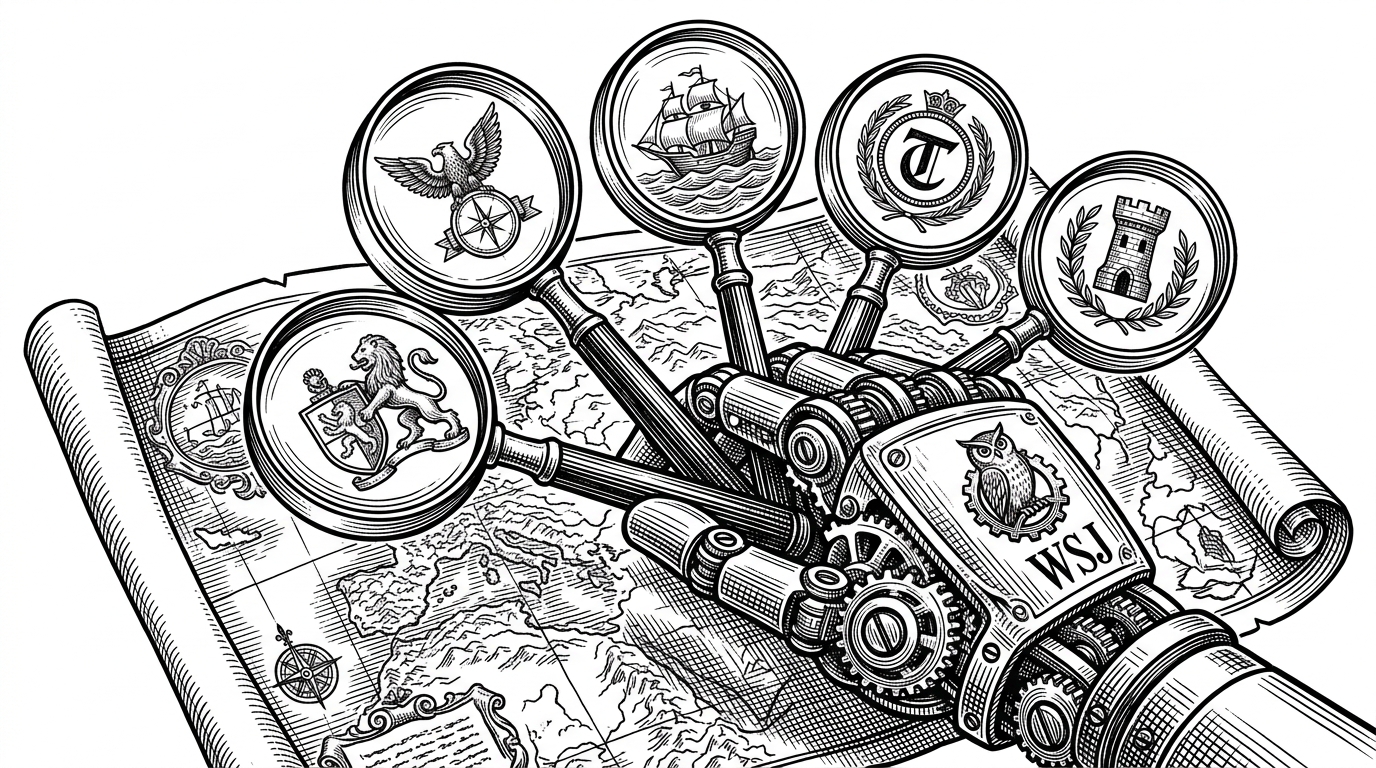 A mechanical hand holding five different magnifying glasses, each focused on a different unique stamp on a single large map.
