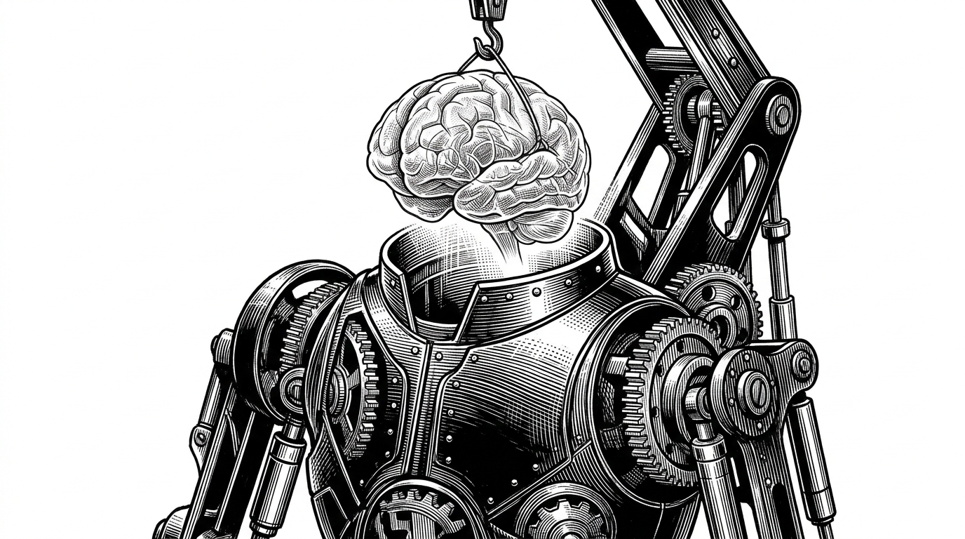 A translucent brain being lowered into a mechanical exoskeleton with gears labeled for checklists and local scripts, representing structured constraints for AI.