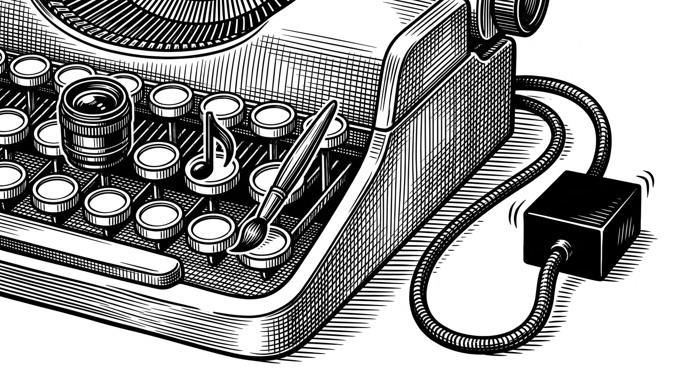 A typewriter where keys are physical tools like a camera lens and paintbrush, connected by a cable to a humming black box.