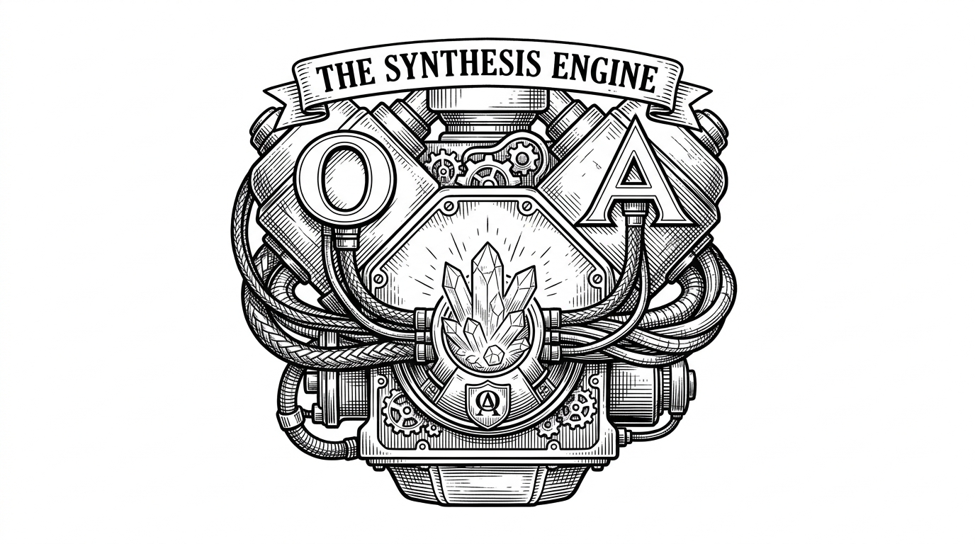A complex engine with two intake ports shaped like an A and an O, feeding into a single core.