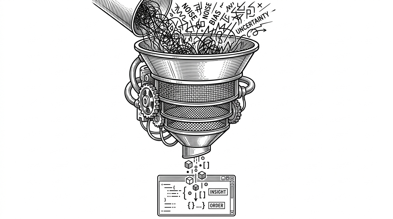 A mechanical sieve separating chaotic scribbles from clean, structured geometric shapes.