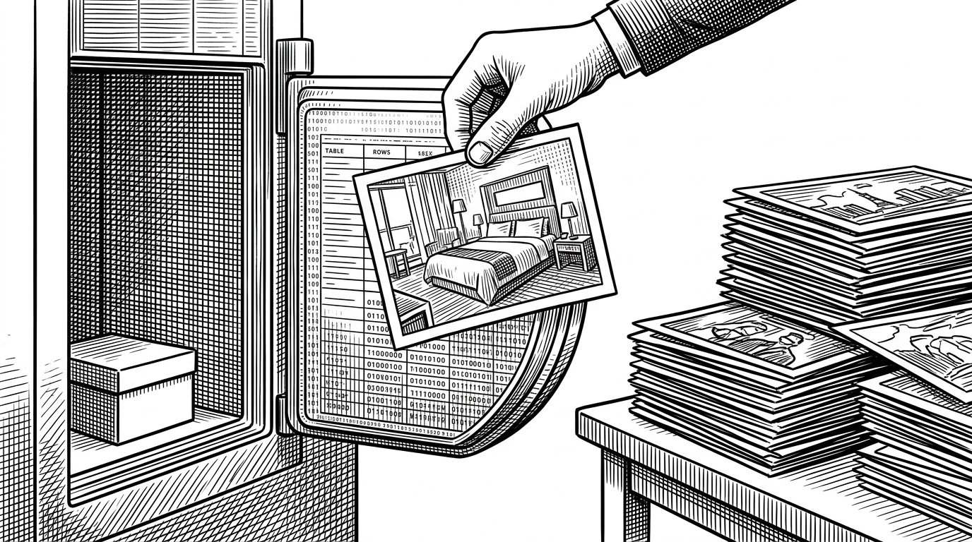 A close-up of a hotel photograph being lowered into a database vault like a physical object. One path suggests compact, self-contained backup, while the other path bends into a crowded table of heavy records and slower reads. It explains the trade-off between storing binaries in the database and keeping them on the file system.