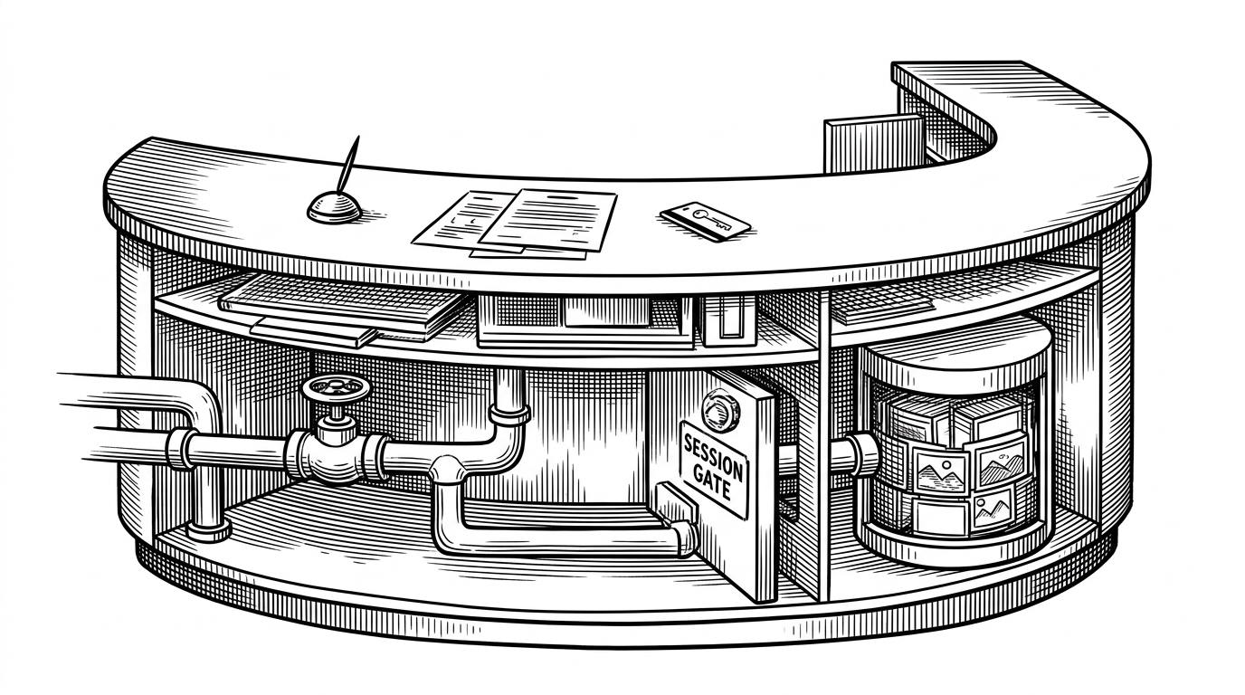 A hotel reception desk drawn as a transparent machine, with the check-in counter in front and the stack visible underneath. A request path runs through a servlet valve, a session gate, and a database cylinder that holds hotel images like physical cargo. It explains that the real story here is not the hotel UI, but the exposed plumbing behind it.