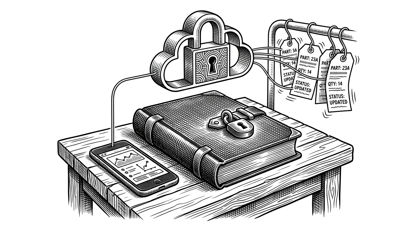A locked inventory ledger sits on a workbench beside a smartphone, while a cloud lock hovers above it and thin ink lines connect items to the phone. The scene explains that the app is not just a form interface. It is a private, identity-bound data system that stays live across devices.