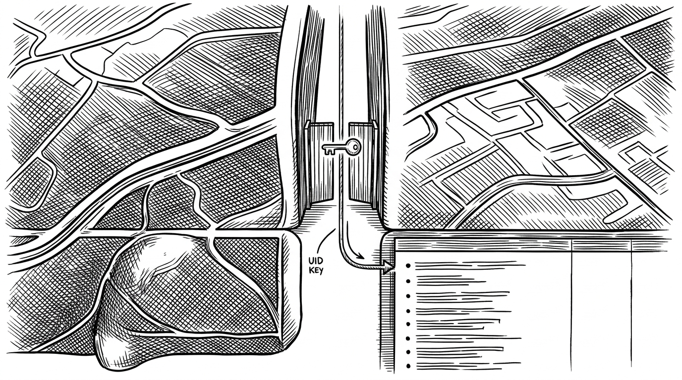 Two stacked route panels are split by a small gate, with a key icon and a UID thread passing through to a live list of items below. The image explains how authentication selects the private route and how user identity scopes the Firestore query that powers the dashboard.