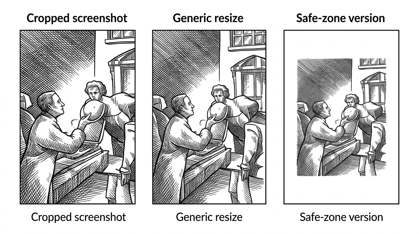 Three output paths appear side by side. One clips important content, one stretches or fills awkwardly, and one keeps the content centered inside a clean white safe zone. The contrast makes the project’s opinionated approach obvious at a glance.