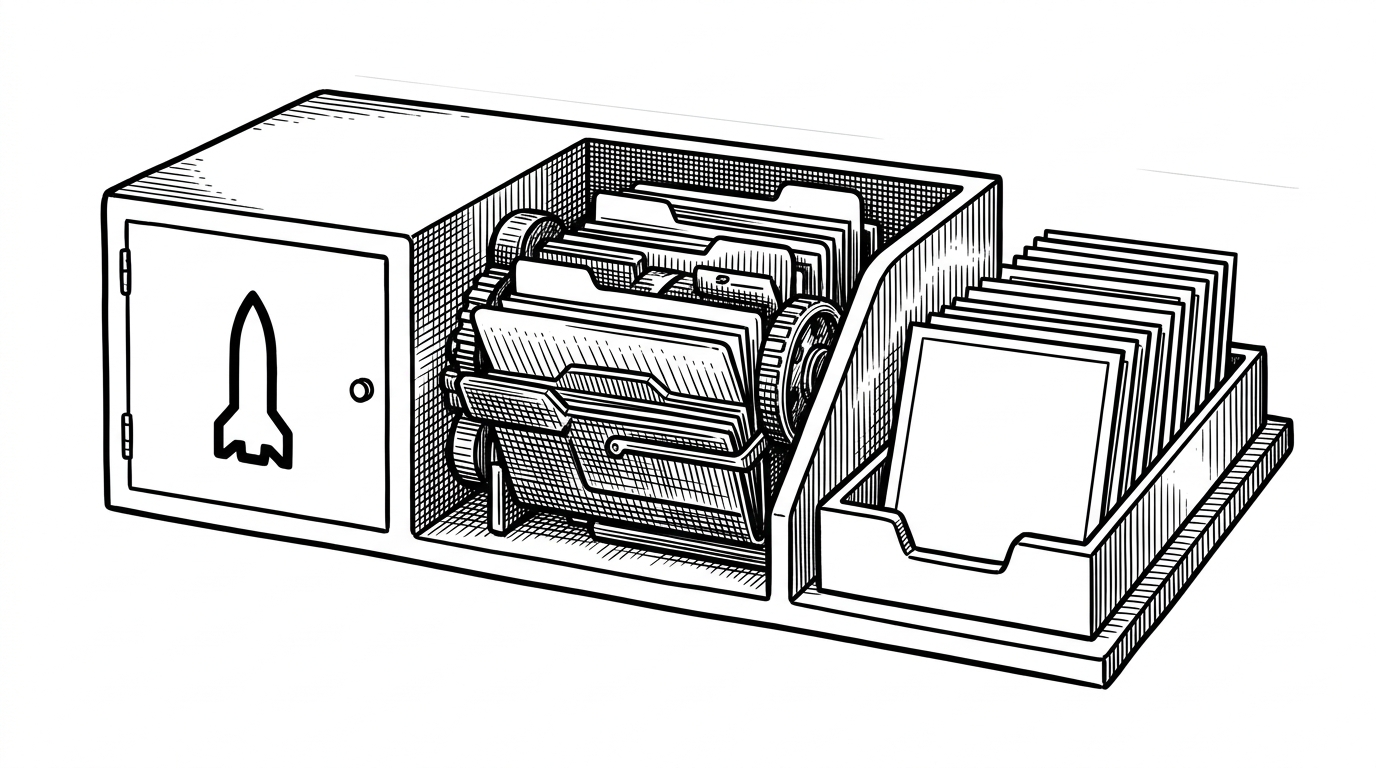 A workshop-like filing system shows three compartments: a root launcher at the front, a skill folder in the middle, and an output tray at the end. The layout explains that the repo separates the human entry point from the actual engine so the workflow stays clean and portable.