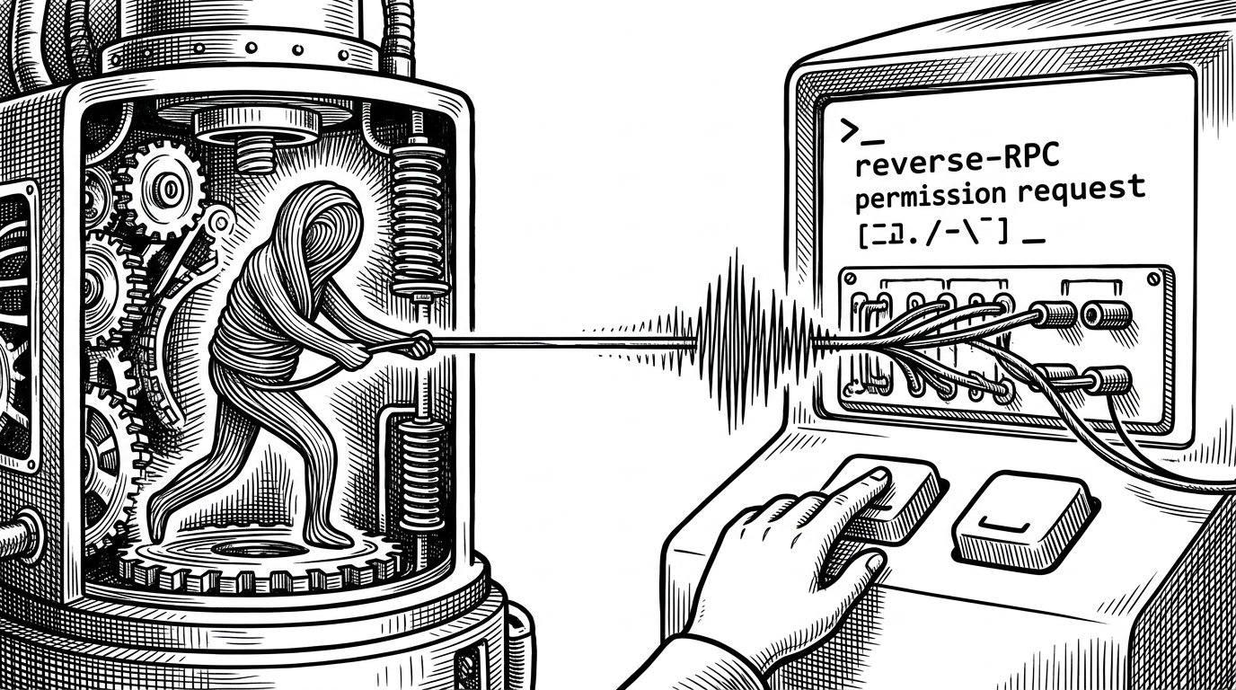 A close-up split scene shows a background agent thread on one side and a permission callback on the other. A line from the agent pulses back into the TUI, where a human hand hovers over approve and deny controls, making the callback feel like an interrupt rather than a chat message.
