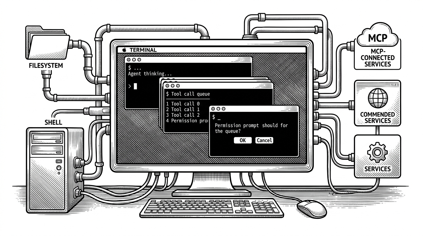 A wide terminal scene drawn like a command center, with layered panes for thinking, tool calls, and approvals at the center. Cables and pipes extend from the terminal into files, shell commands, and external services, showing that the terminal is the agent’s operating space.